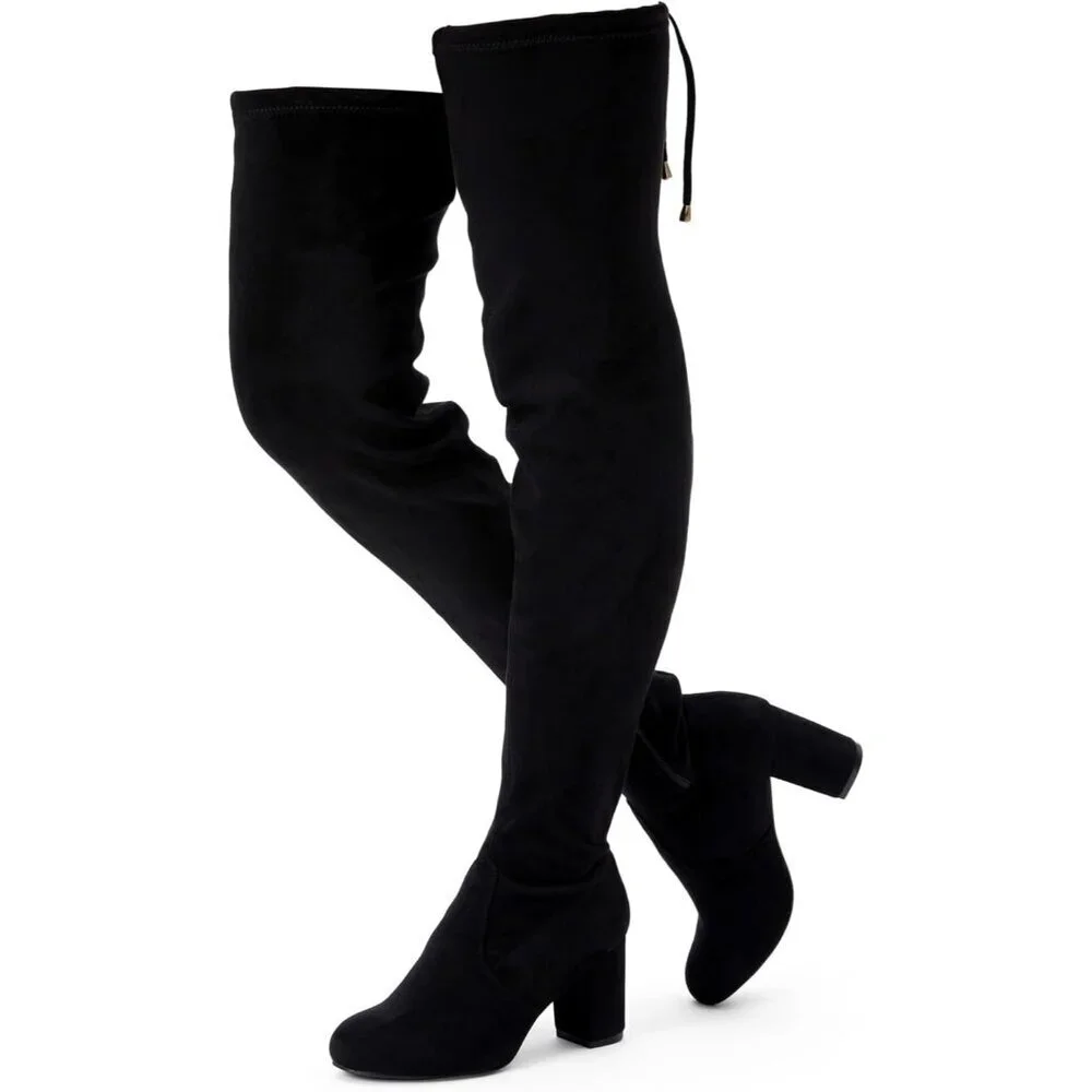 Women's Black Inner Zipper Thigh High Over The Knee High Square Heel Boots